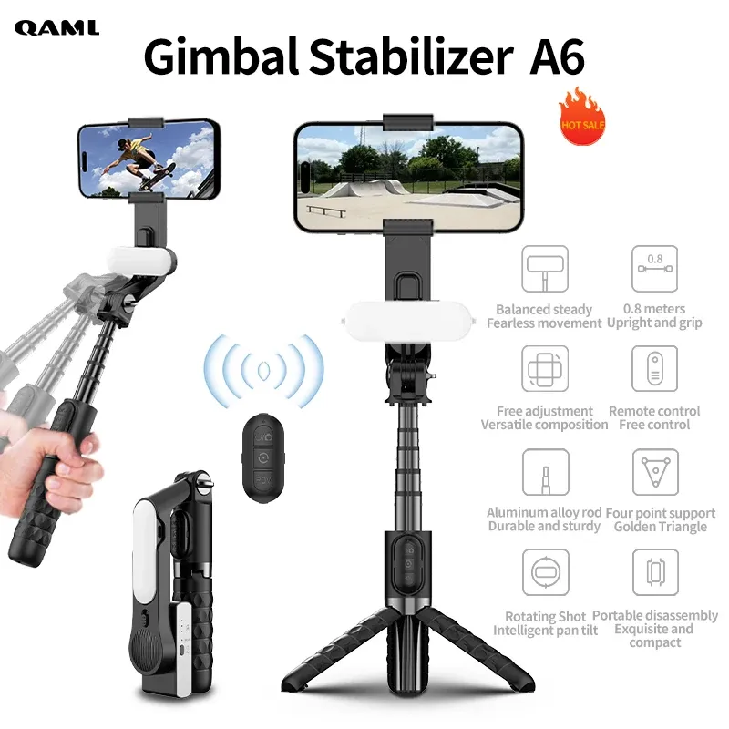 QAML A6 2025 1-Achsen-Hand-Gimbal-Stabilisator mit Selfie-Stick/Stativ, kabellose Fernbedienung, 400 mAh Li-Ionen-Akku, USB-Aufladung, iOS