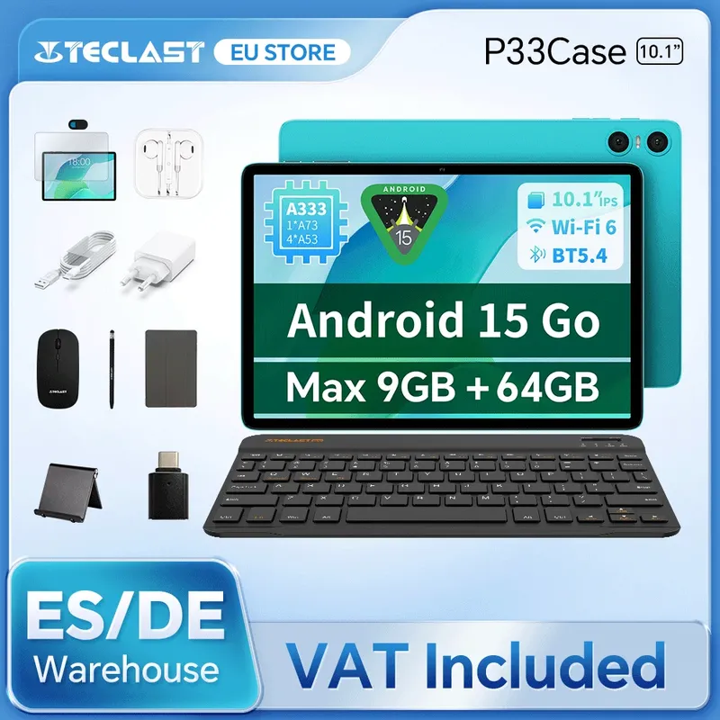 Teclast P33 Android 15 Tablet, 10,1 Zoll, Maximal 9 GB RAM, 64 GB ROM, 1280x800 IPS, A333, 5 Kerne, 6000 mAh, Typ-C