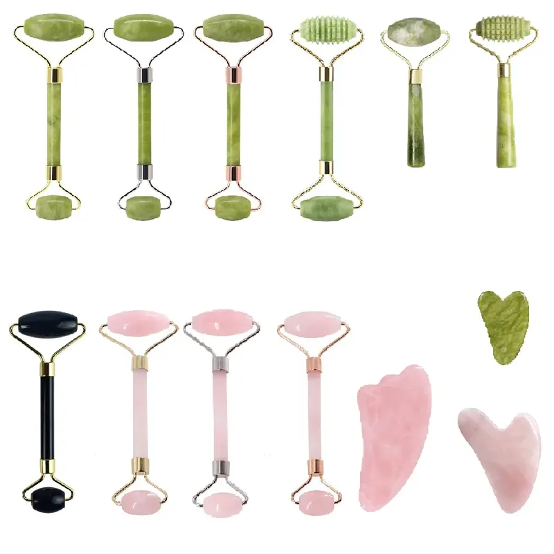 Natürliches Quarz-Jade-Roller-Gesichtsmassagegerät mit Guasha-Brett, grün-rosa-schwarze Kits für die Gesichts- und Hals-Rollenmassage