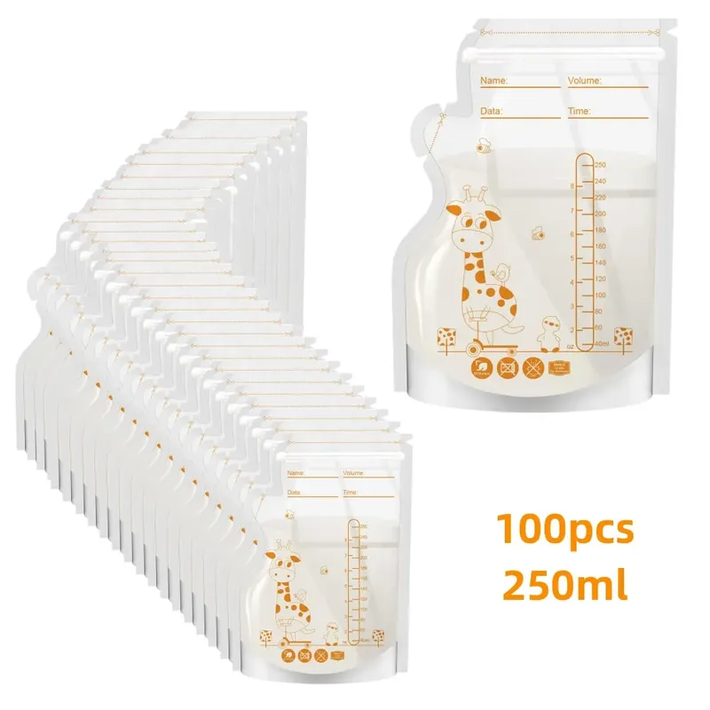 250 ml 100 Stück Muttermilch-Aufbewahrungsbeutel, selbststehende Aufbewahrungsbehälter für Babynahrung, kein Auslaufen, Milch-Gefrierbeutel, sicheres Futter, BPA-frei