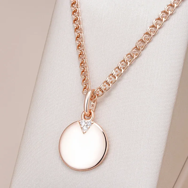 Kinel Hot 585 Rose Gold Farbe Runde Münze Anhänger Halsketten für Frauen Einfache Natürliche Zirkon Glänzend Anhänger Täglichen Edlen Schmuck