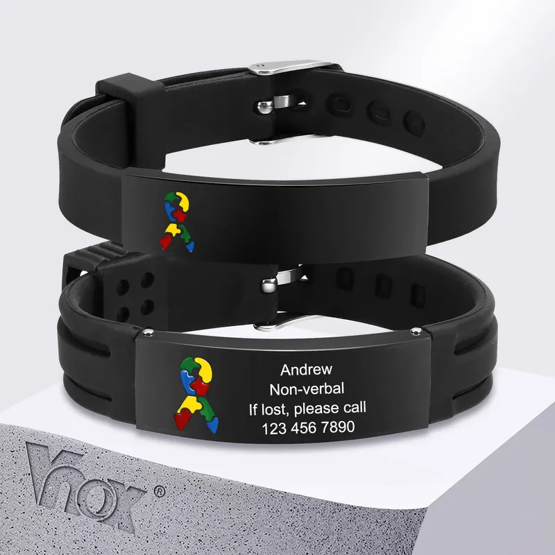 Vnox 12 mm/16 mm personalisiertes Autismus-Bewusstseinsarmband, individuelle medizinische Alarm-ID-Armbänder für Männer und Frauen, verstellbares Anti-Verlust-Armband