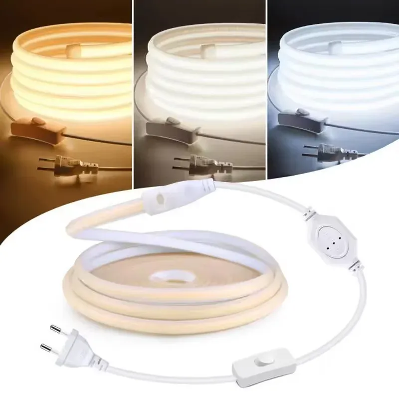 110V 220V COB LED-Streifenlicht, superhell, wasserdicht, mit EU-US-Netzteil, Schalter, 288 LEDs/m, warm/neutral/weiß, Außendekoration