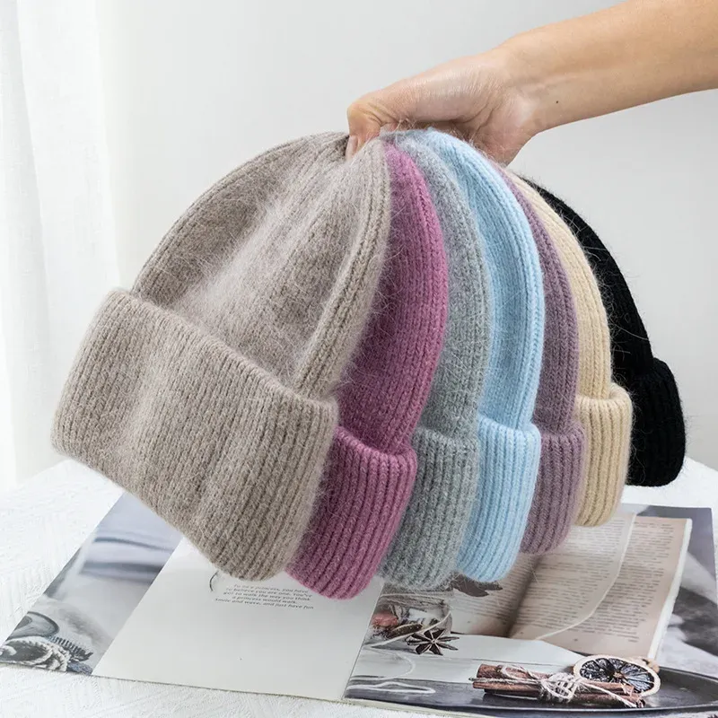 Winter Hüte Für Frauen Kaninchen Fell Gestrickte Mützen Gekräuselt Worden Verdickt Warm Halten Motorhaube Baggy Cap Weibliche Weiche Beanie Ski Cap