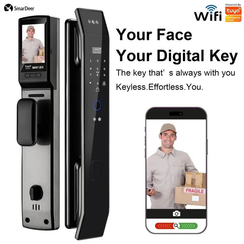 SmaerDeer Smart Lock mit Kamera, 3D-Gesichtserkennung, elektronisches Türschloss mit visueller Türklingel für Videoüberwachung