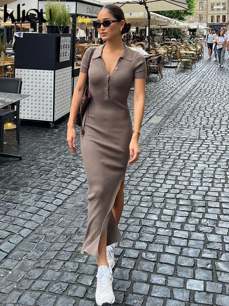 Kliou Elegante Büro Dame Maxi Kleid Frauen Solide Mode drehen-unten Kragen Kurzarm Taste Seite Schlitz Körper-gestaltung Straße Robe