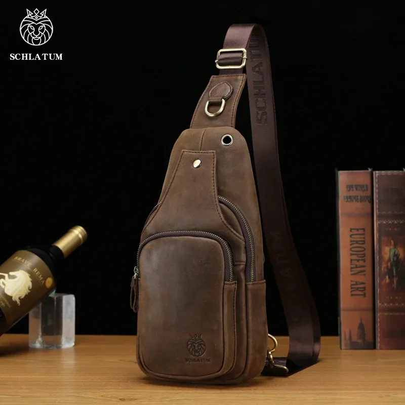 SCHLATUM Brusttasche aus 100 % echtem Leder, lässig, dreieckig, Umhängetasche, Design, Reise-Schulterrucksack, Herren-Leder, multifunktionale Tasche