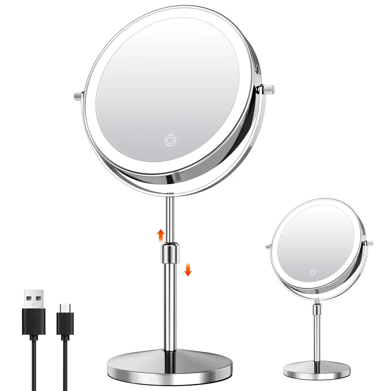 7-Zoll-Schminkspiegel mit Licht, wiederaufladbar über USB, höhenverstellbar, 1-fach/10-fache Vergrößerung, 3-Farben-Beleuchtung, 360 °   Drehbarer Kosmetikspiegel