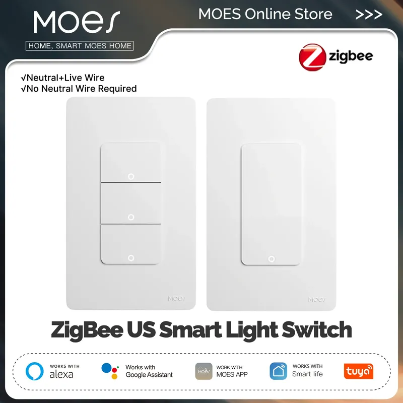 MOES Tuya ZigBee Smart Lichtschalter US Push Button Wandschalter Funktioniert mit Alexa Google Home Neutralleiter/Kein Neutralleiter erforderlich