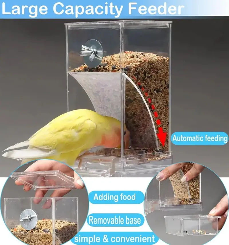 Kein Chaos, automatischer Vogelfutterspender, transparenter Lebensmittelbehälter, Käfig, Papageienfutterspender, Zubehör für kleine Vögel, Papageien