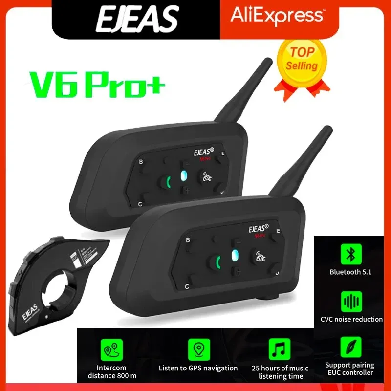 EJEAS V6 PRO +/PLUS Bluetooth-Motorradhelm-Intercom-Headset mit 800 m BT-Interphone-Kommunikator für 6 Fahrer, wasserdicht