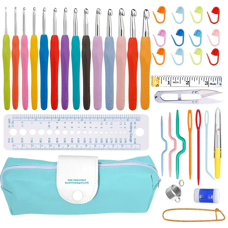 IMZAY Stricknadel-Set mit buntem Gummigriff und Nähklammern, Kunststoffnadeln, Edelstahl, Schere, Häkelnadel-Set