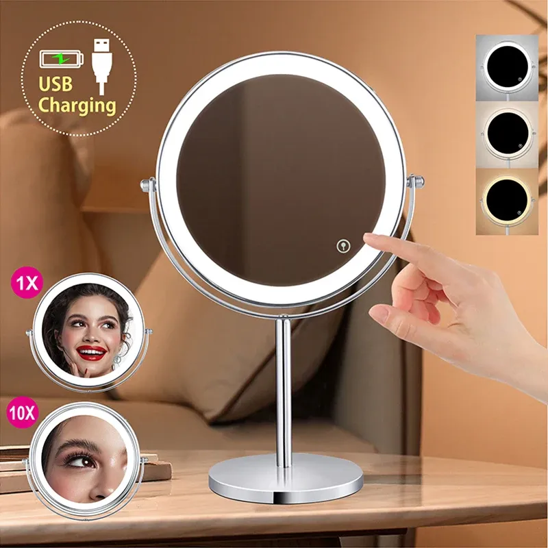 8 Zoll 10X Vergrößerungs-LED-Make-up-Spiegel mit 3-Farben-Licht-Touch-Schalter, doppelseitiger USB-Lade-Desktop-Kosmetikspiegel