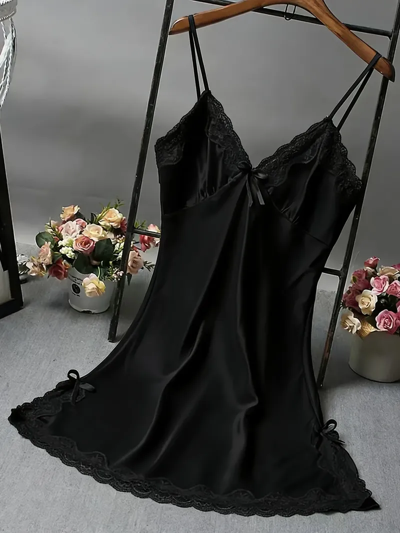 Damen Satin-Nachthemd mit Spitzenbesatz, Sexy Spaghetti-Träger Nachtwäsche, Seidig Glattes Nachthemd, Elegante Lingerie für Zuhause