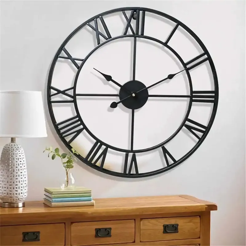Moderne 3D Große Wanduhren Römischen Ziffern Retro Runde Metall Eisen Genaue Stille Nordic Hängen Ornament Wohnzimmer Dekoration
