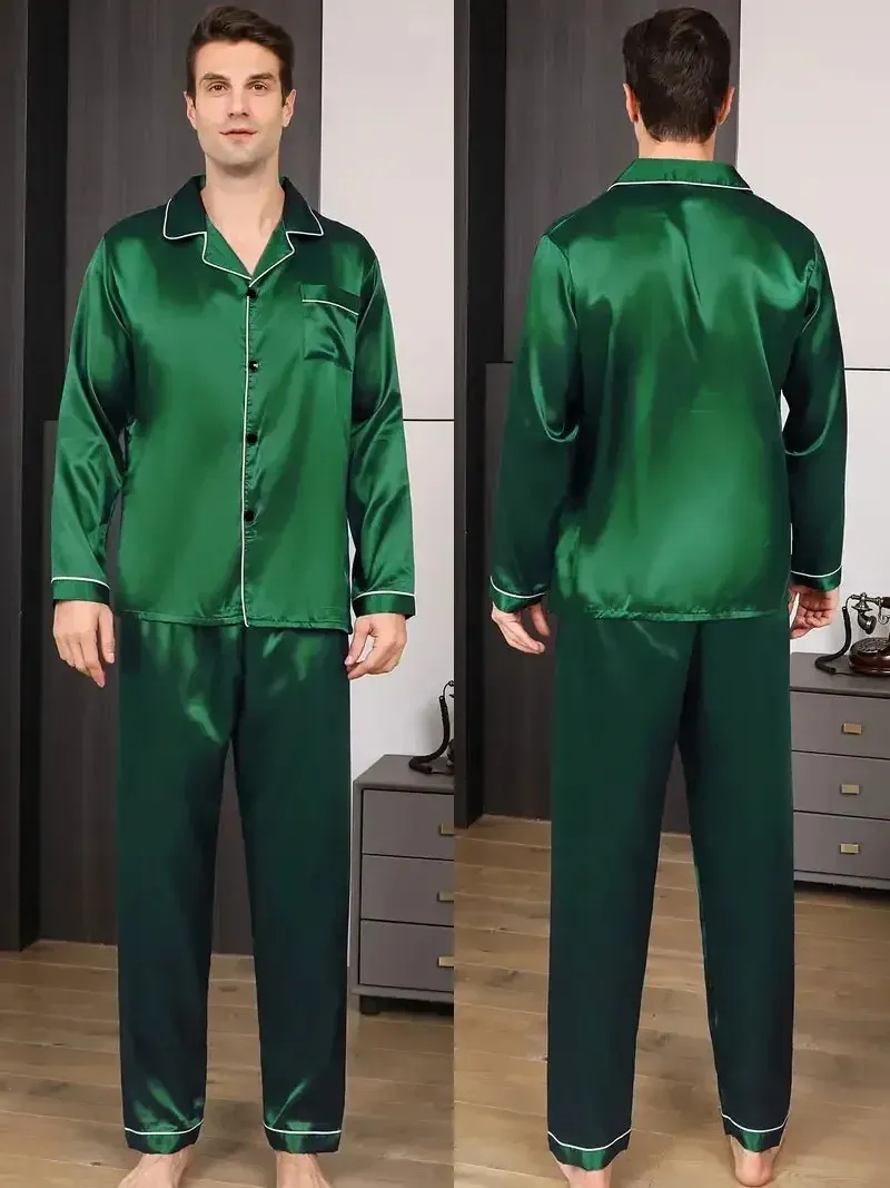 Männer Pyjamas Set Seide Satin Nachtwäsche Hemd Langarm Pijama Männlichen Mode Weichen Hause Anzug Große Größe Frühling Nachtwäsche Zum Schlafen
