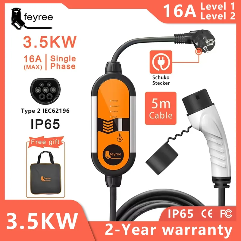 Feyree typ2 16a 3,5 kw tragbares ev ladegerät evse ladekabel 5m mit schuko steckers trom einstellbar für elektroauto ladegerät