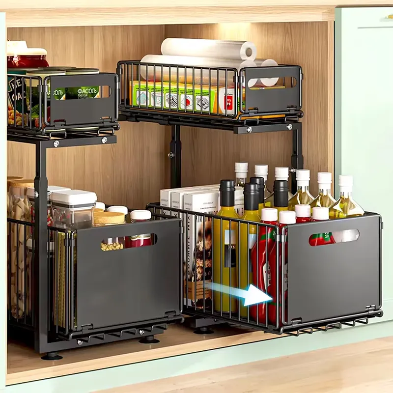 2-stufiger ausziehbarer Schrank-Organizer, verstellbares Küchen-Aufbewahrungsregal unter der Spüle, Organizer, Gewürzglas-Aufbewahrungsregal, ausziehbare Schublade