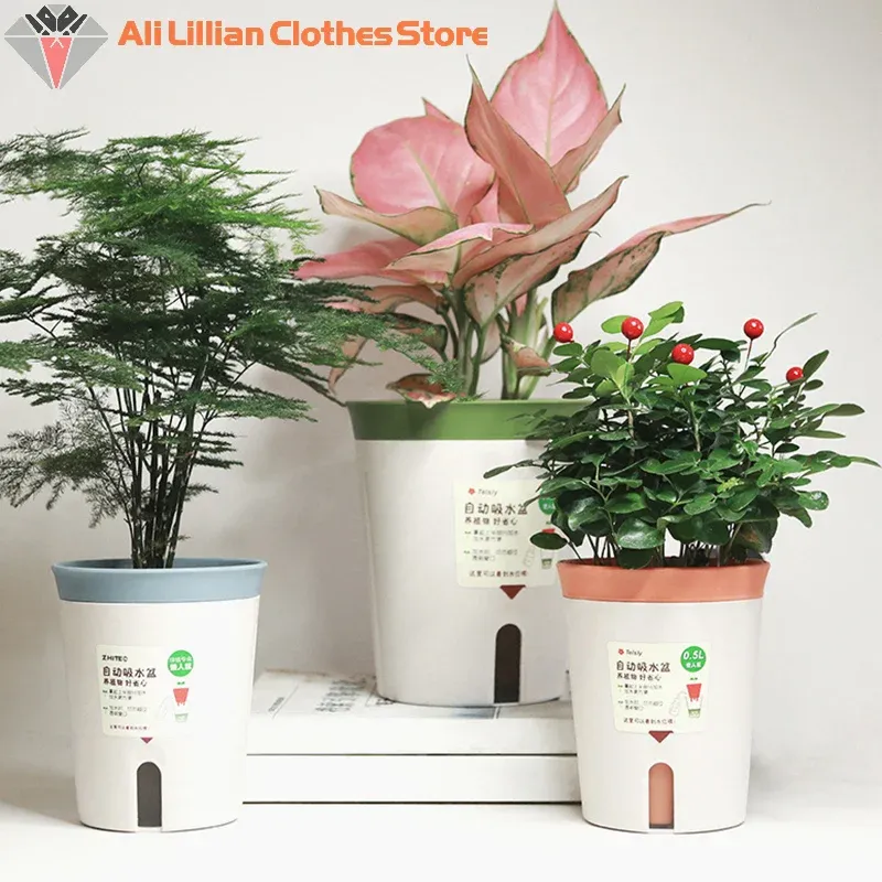 Doppelschichtiger, selbstbewässernder Hydrokultur-Blumentopf aus Kunststoff, faul, automatisch, wasserabsorbierend, Pflanzentopf, Topfpflanzgefäße, Büro und Zuhause