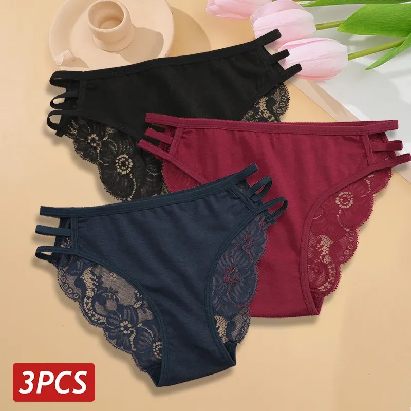 3 Teil/satz frauen Sexy Floral Spitze Höschen Low Rise Aushöhlen Briefs Transparente Unterwäsche Weibliche Elastische Riemen Weiche Dessous