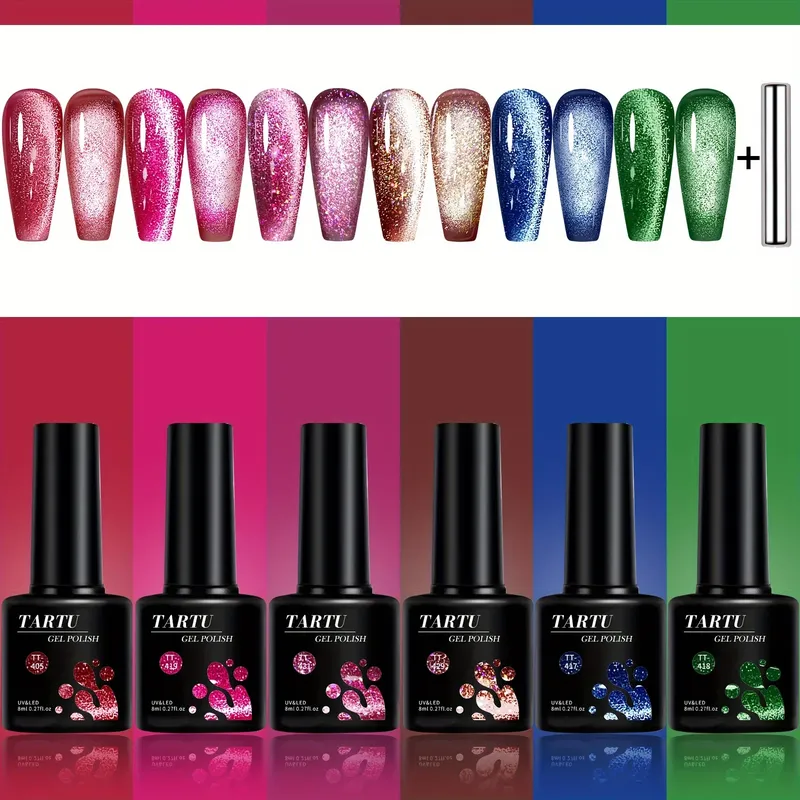 TARTU 6 Stück 8 ml Cat-Eye-Gel-Nagellack-Set, 6 Farben Gel-Nagellack-Set, Soak Off für UV/LED, für Salon und Nail Art DIY zu Hause