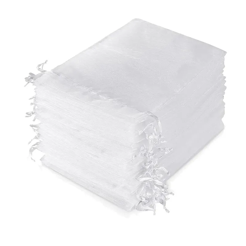 50 Stück weiße, durchsichtige Organzabeutel, Schmuck, Geschenk, Partybevorzugungsbeutel mit Kordelzug für Hochzeit, Weihnachten, kleine Schmuckaufbewahrung