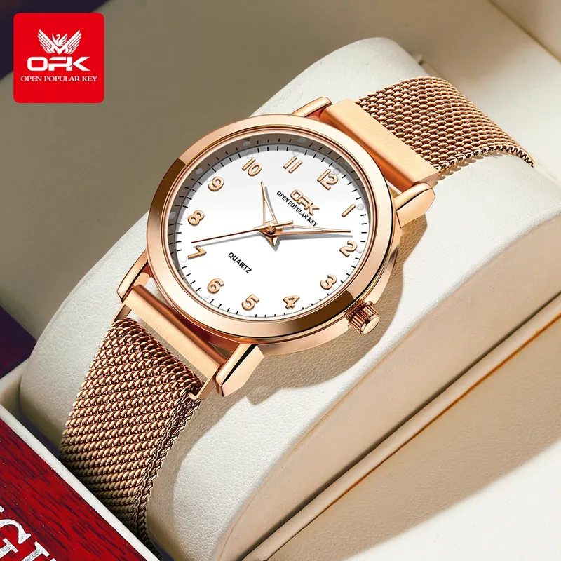 OPK 8115 Damenuhren, schlichte Mode, originelle Armbanduhr für Damen, Edelstahl-Mesh-Armband, wasserdicht, leuchtend, Reloj