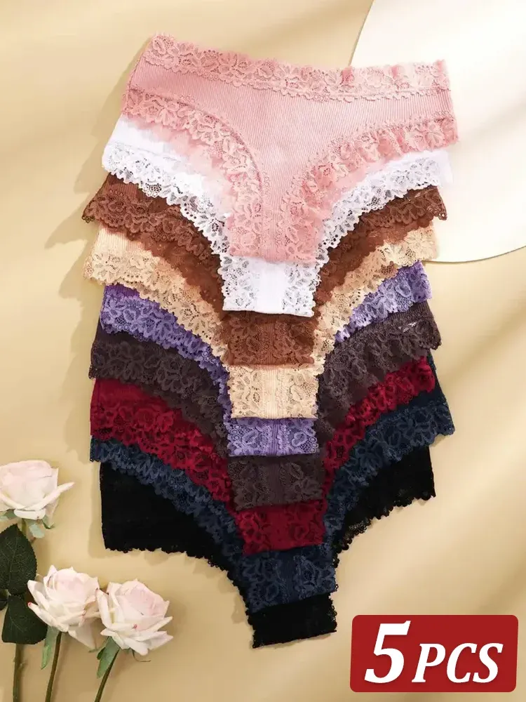 5 Teile/satz Frauen Baumwolle Höschen Floral Spitze Intime Unterwäsche Trendy Patchwork Spitze Slip Weibliche Weiche Unterhose Dessous S-XL