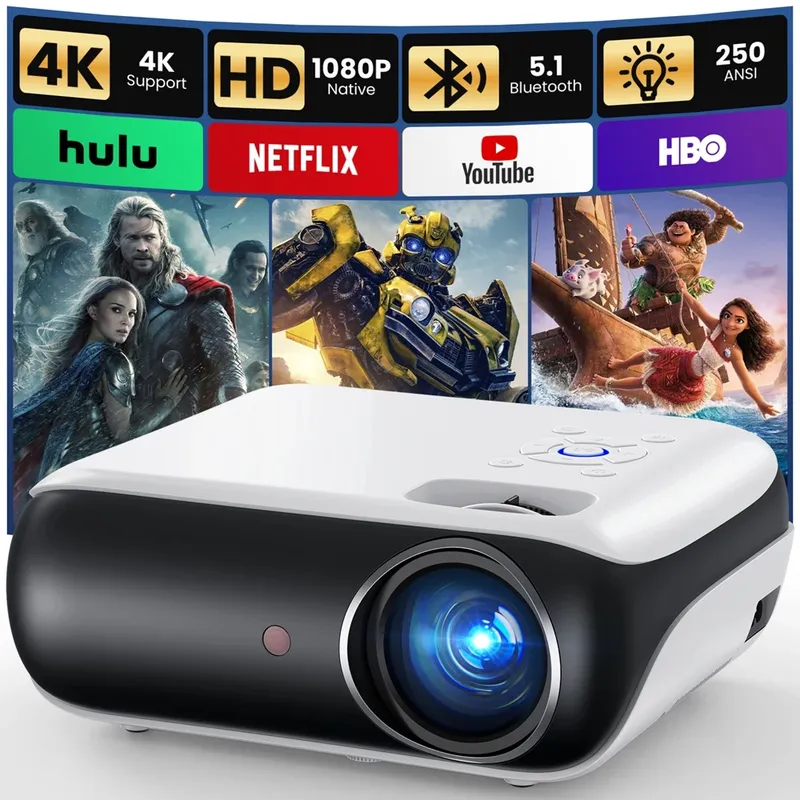 HAPPRUN Native 1080P Bluetooth-Projektor, tragbarer Full-HD-Außenfilmprojektor mit integriertem Lautsprecher, mit HDMI, USB, AV