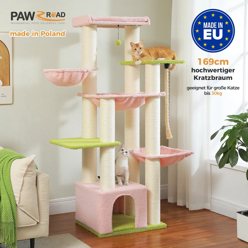 Großer Kratzbaumturm für große Katzen, robust, mit mehreren Ebenen, Katzenhaus-Kletterbaum mit Hängematte, 11 Sisalpfosten, große Sitzstange