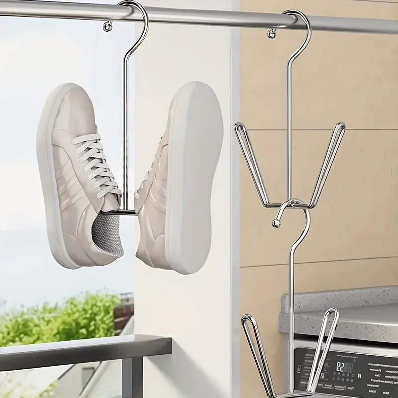 Edelstahl Schuh regal Kleiderbügel, Metall hängen Schuh Organizer, platzsparende Wäsche ständer mit Haken für Kleider stange, Silber