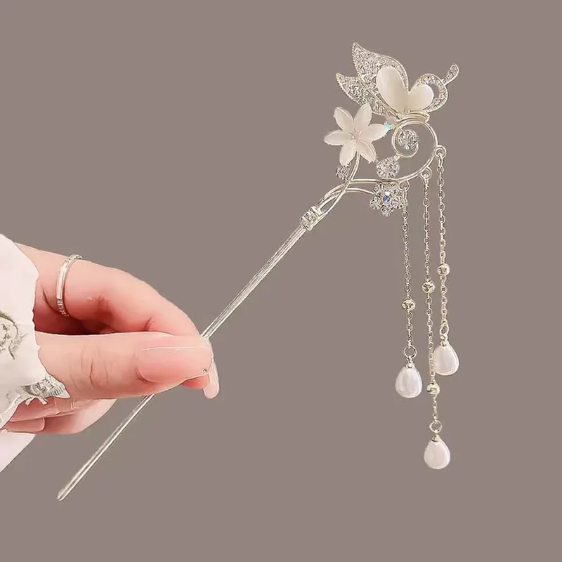 Vintage-Haarnadel im chinesischen Stil mit Quasten, Katzenaugen, Blumendekor, feines Muster, elegante Haarstäbchen für Frauen und Mädchen, Haarstyling