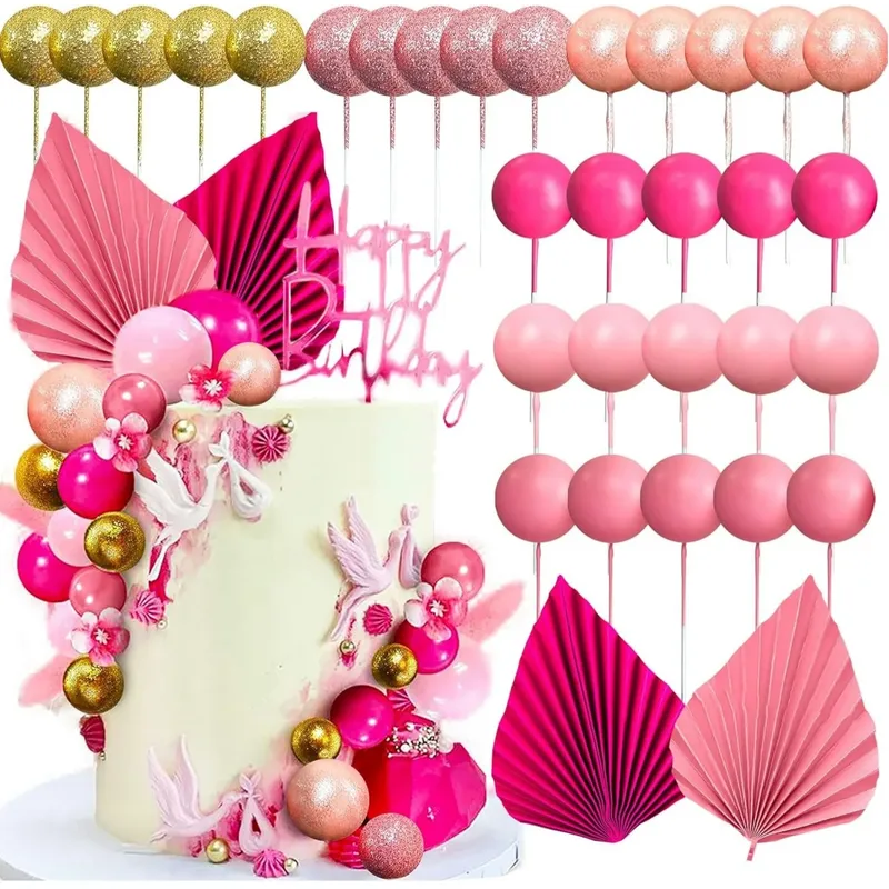 32 Stück rosa Kugeln, Kuchendekoration, rosa Blätter, Palmblätter, Kuchendekoration, Boho-Kuchendekoration für Hochzeit, Geburtstag, Party