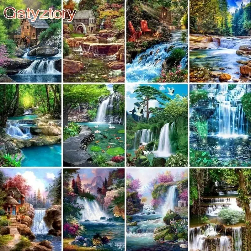 PhotoCustom Diy Malen nach Zahlen Berg Wasserfall Landschaft Malerei Acrylfarbe auf Leinwand für Heimdekoration 40x50cm