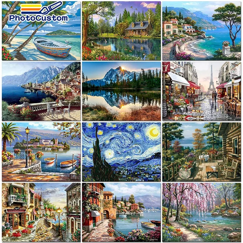 PhotoCustom Malen nach Zahlen Leinwand Malerei Kits handgemaltes Meereslandschaft DIY Bild zum Ausmalen nach Zahlen Heimdekoration Geschenk