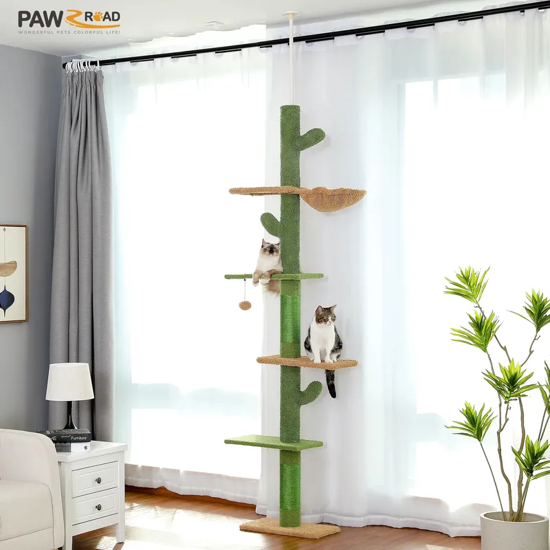 Kratzbaum, 5-stufig, vom Boden bis zur Decke reichender Katzenturm, Kaktus, hoher Kletterbaum mit Kratzbaum, Hängematte, baumelnder Ball für Hauskatzen