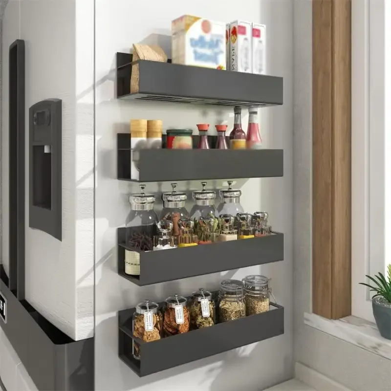 Magnetisches Kühlschrankregal, Gewürzlagerregal, Kühlschrank-Seitenregal, schwarzes Eisen, platzsparendes Küchen-Organizer-Regal für den Haushalt