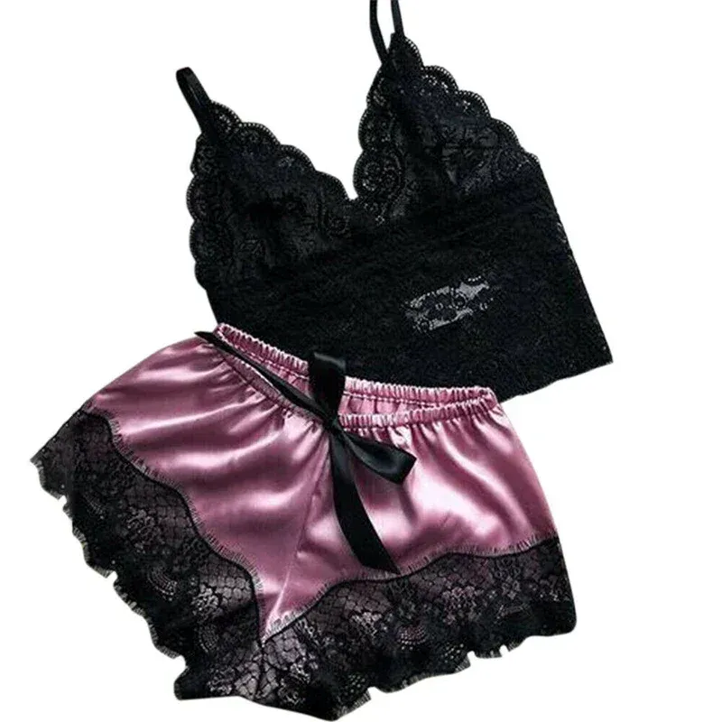 Nachtwäsche Damen sexy Pyjamas Set Spitze Nachthemd Dessous ärmellose V-Ausschnitt Tops und Shorts Sets Nachtwäsche Lounge wear