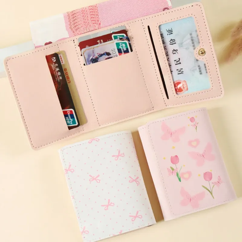 Süße Bogen Brieftasche Frauen süße rosa Farbe Stil Blumen Geldbörse Karten halter für Mädchen tragbare Reise Bargeld Münze Foto karte Tasche