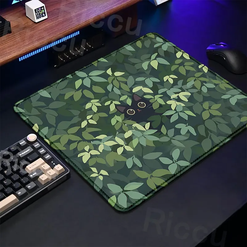 Kawaii Schwarze Katze Mousepad 18x22cm Ästhetische Pflanze Natur Laptop XS Mäuse Pad Kleine Größe Gaming Schreibtischunterlage Niedlicher grüner rutschfester Teppich