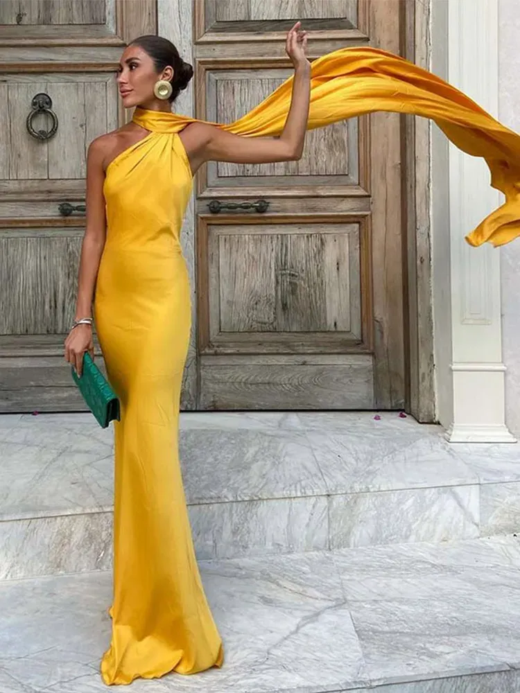Elegantes Band-Neckholder-Kleid für Damen, solide, schulterfrei, ärmellos, rückenfrei, schlank, Maxikleider, 2025, Sommer, Herbst, Party, Roben, Dame