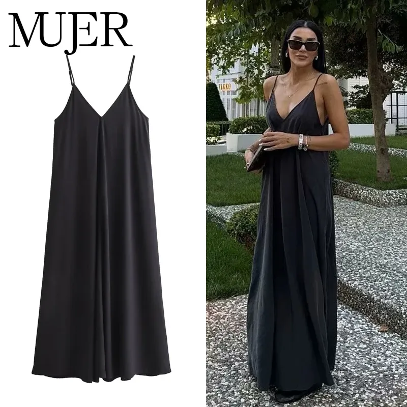 MUJER Schwarze Slip-lange Kleider für Frauen, rotes drapiertes Sommerkleid für Damen, 2025, sexy rückenfreies Maxikleid für Damen, Sommer-Strandkleider