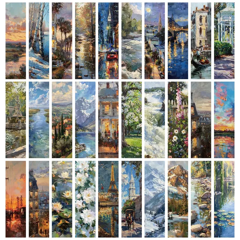 30PCS Ölgemälde Landschaft Lesezeichen Zimmer Laptop Hintergrund Wand Dekor Gepäck Ästhetische Dekorationen Kunst Bild Karte Lesezeichen
