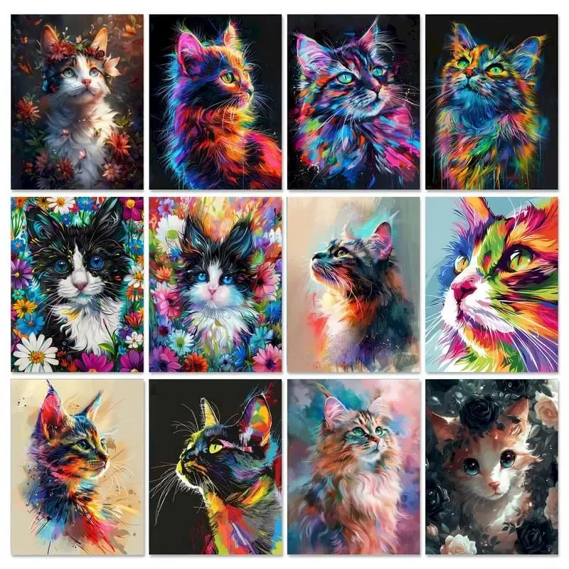 GATYZTORY Ölgemälde Bunte Katze Diy Acryl Malen Nach Zahlen Für Erwachsene Rahmen Auf Leinwand Diy Geschenk Wand Kunst Hause Dekoration
