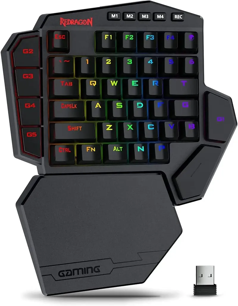 Redragon K585 PRO Kabellose einhändige mechanische Tastatur, 42 Tasten, 3 Modi, RGB, 7 Onboard-Makrotasten, abnehmbare Handgelenkstütze