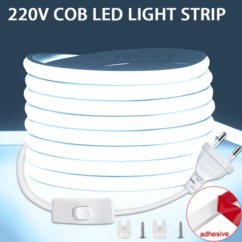 COB-LED-Streifen, 220 V, Schalter EIN/AUS, mit EU-Stecker, 220 V, LED-Streifen, flexibles Lampenband für Küche, Zuhause, Raumdekoration