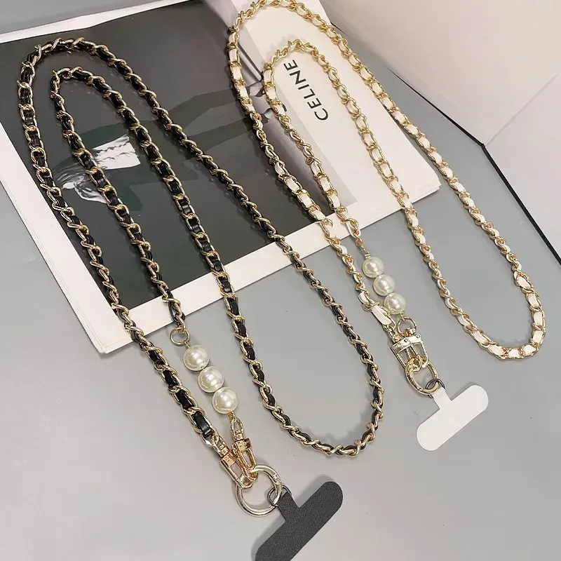 Perlen-Lederkette, Handygurt, lange Umhängetasche, Anti-Verlust-Schulterkordel mit Metallanhänger für Damen