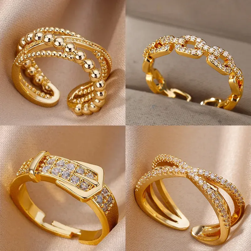 Edelstahl Gürtel Ringe Für Frauen Zirkon Verstellbaren Gürtel Finger Ring Femme Geometrische Hochzeit Ästhetischen Jewerly Geschenk anillos