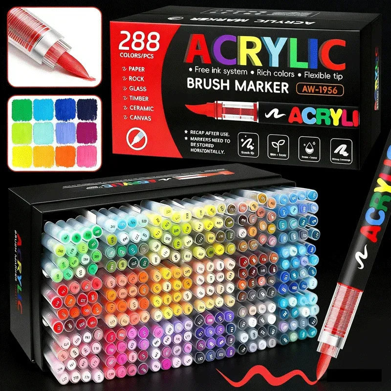 12-408 Farben Acryl-Marker-Set mit Flexiblen Pinseln für Stein, Holz, Leinwand, Glas, Malerei und Kunstbedarf - 7.77 EUR