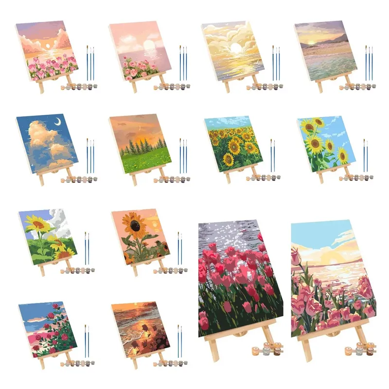 Rahmen Malen nach Zahlen Kits Abstrakte Sonnenuntergang Landschaft Moderne Zeichnung Malen nach Zahlen Acrylfarbe für Heimdekoration